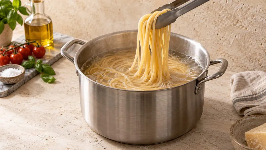 Spaghetti soulevés au-dessus d’une casserole d’eau frémissante