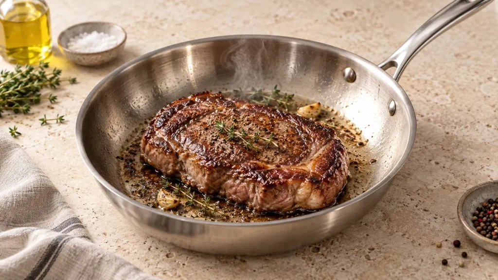 Steak de bœuf avec une croûte dorée dans une poêle en inox