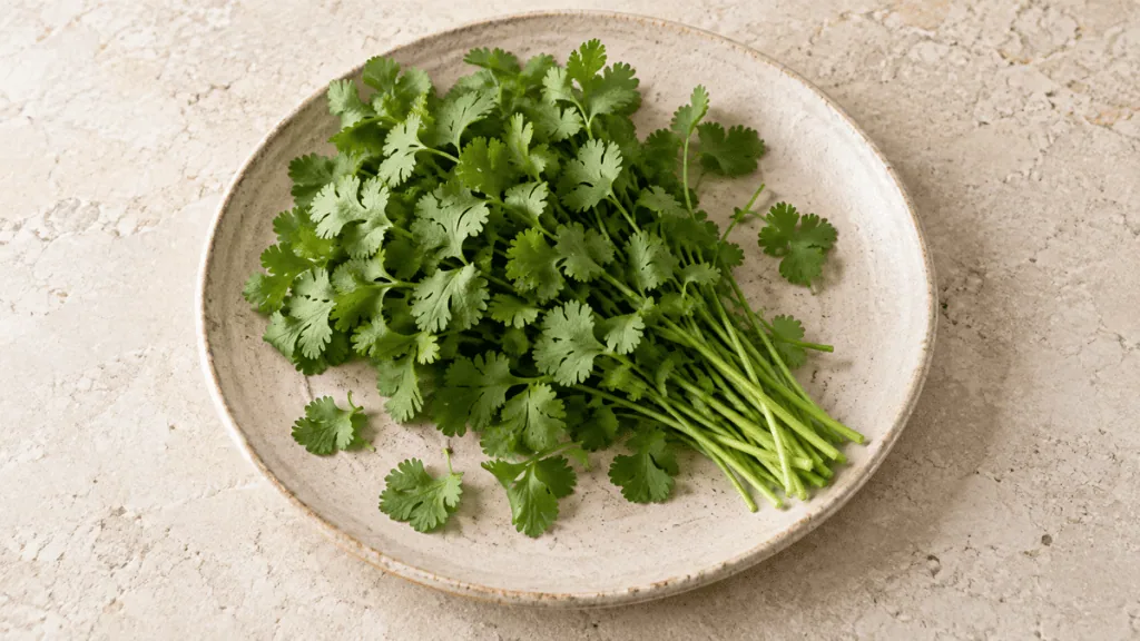 Bouquet de coriandre fraîche sur une assiette en grès