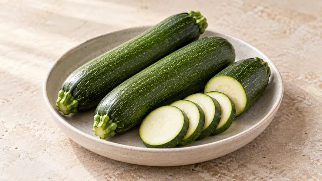 Courgettes vertes entières et coupées en rondelles