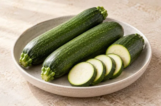 Courgettes vertes entières et coupées en rondelles