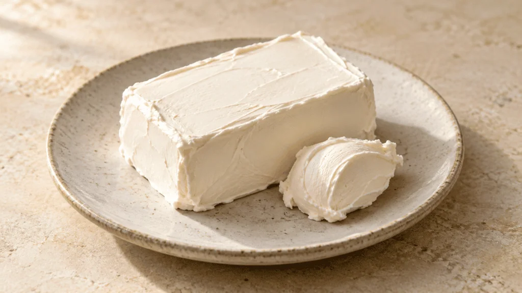 Cream cheese nature en bloc sur une assiette en grès
