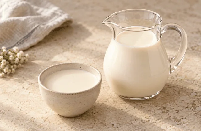 Crème liquide entière dans un pichet en verre et un bol