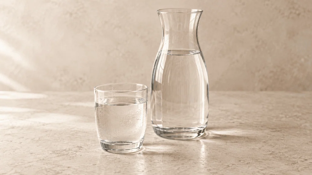 Eau pure dans un verre avec une carafe transparente