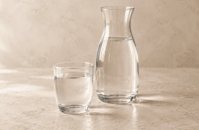 Eau pure dans un verre avec une carafe transparente