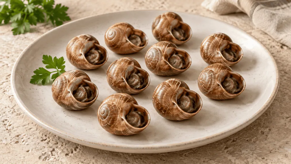 Escargots cuits dans leur coquille sur une assiette