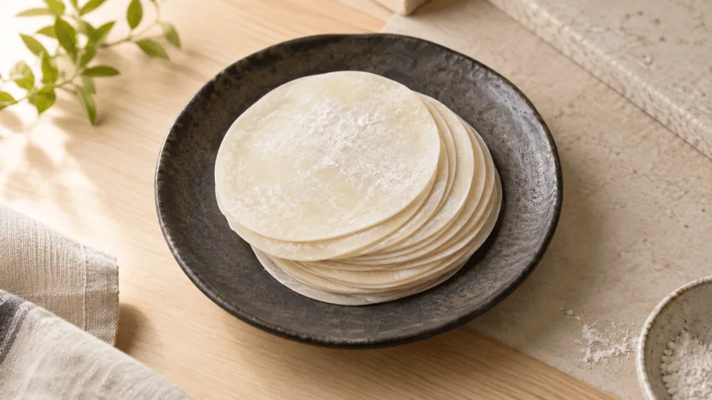 Feuilles de gyoza crues empilées sur une assiette en céramique