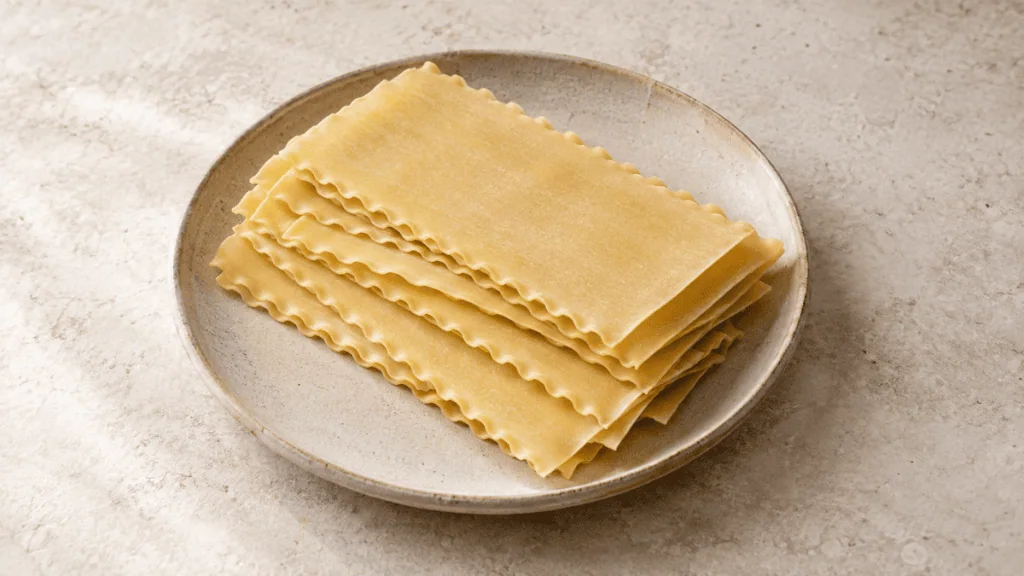 Feuilles de lasagnes sèches empilées sur une assiette