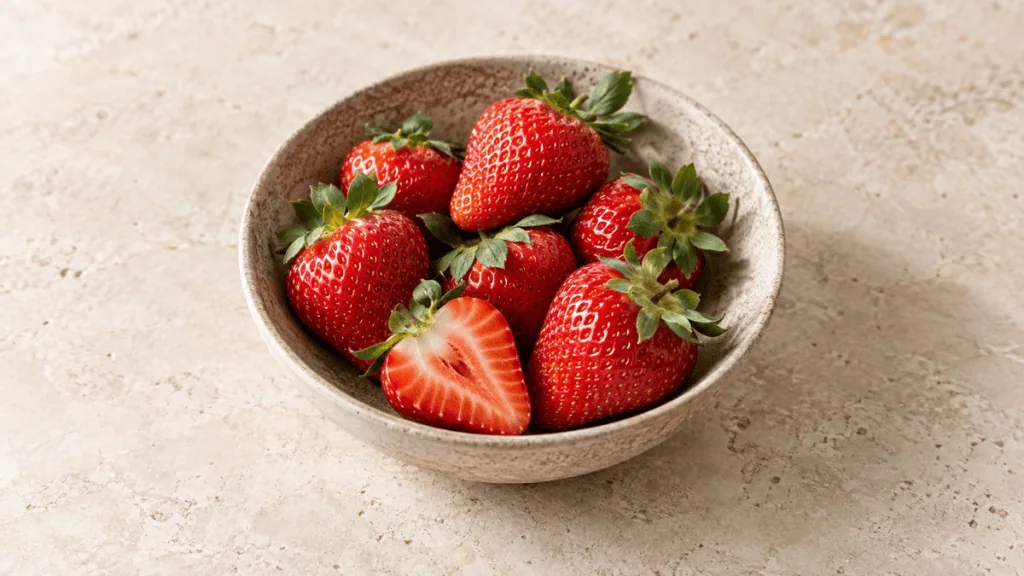 Fraises rouges fraîches entières et coupées dans un bol en grès