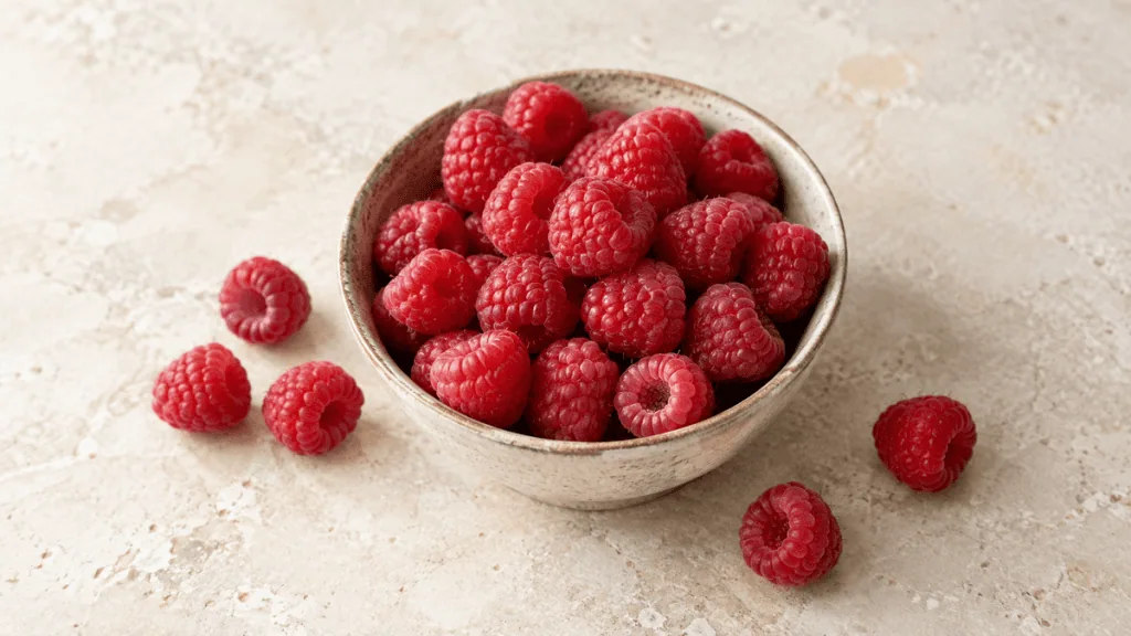 Framboises rouges fraîches dans un bol en grès