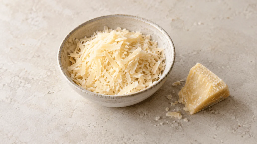 Fromage à pâte dure fraîchement râpé dans un bol en grès