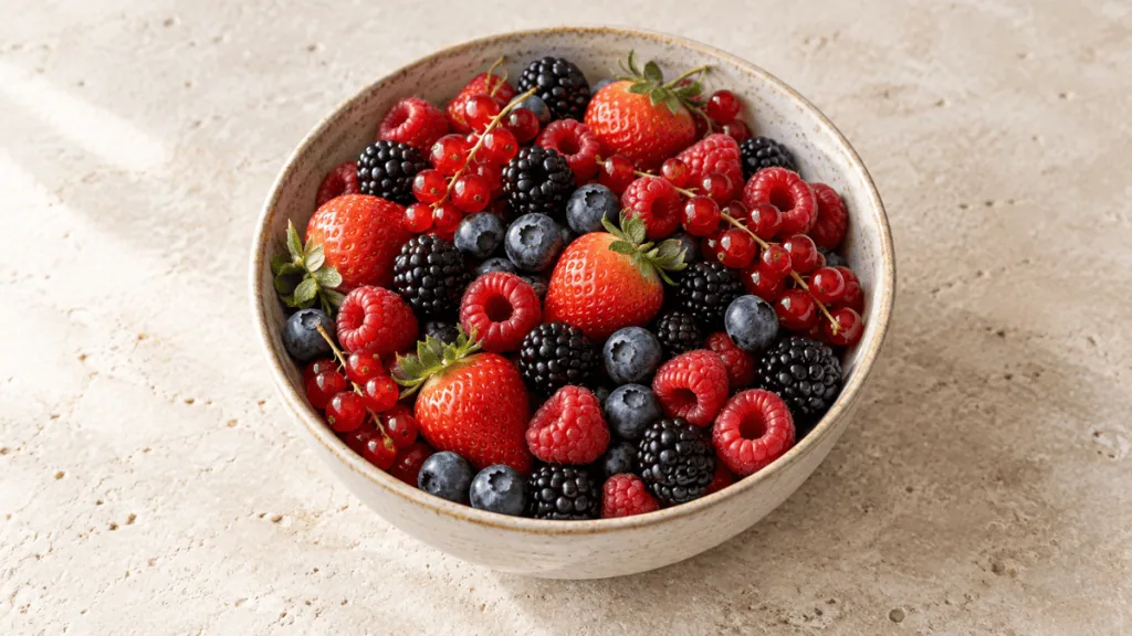 Assortiment de fruits rouges frais dans un bol en grès