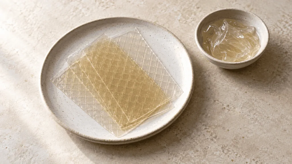 Feuilles de gélatine alimentaire sur une assiette en grès