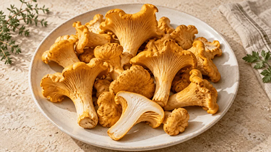 Girolles fraîches entières et coupées sur une assiette