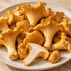 Girolles fraîches entières et coupées sur une assiette
