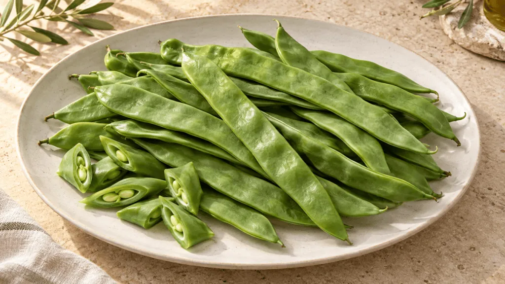 Haricots verts plats frais entiers et coupés sur une assiette