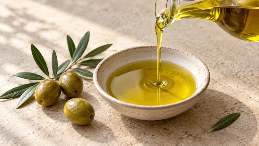 Huile d’olive extra vierge avec olives et branche d’olivier