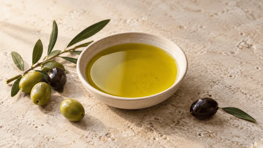 Huile d’olive dorée dans une bouteille en verre