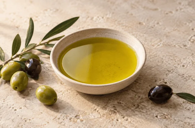 Huile d’olive dorée dans une bouteille en verre