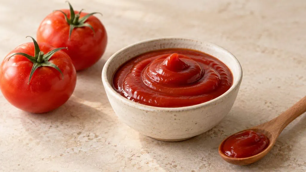 Ketchup rouge naturel dans un bol avec des tomates mûres