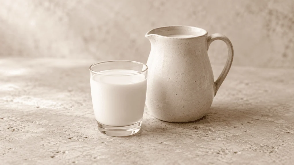 Lait frais dans un verre avec un pichet en céramique