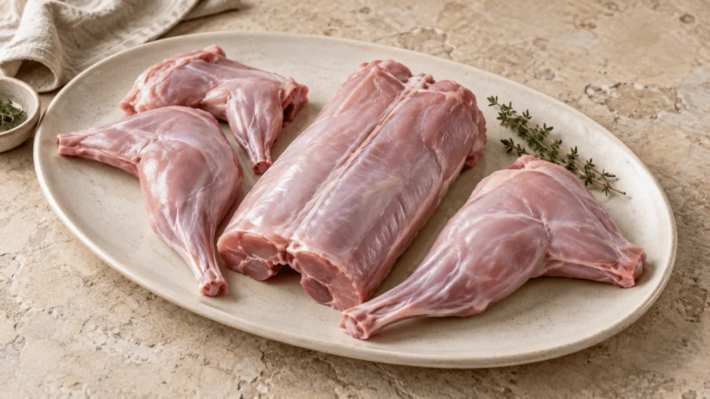 Morceaux de lapin cru prêts à cuisiner sur une assiette