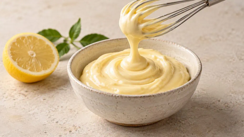 Mayonnaise maison ivoire avec un fouet et un demi-citron