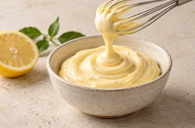 Mayonnaise maison ivoire avec un fouet et un demi-citron