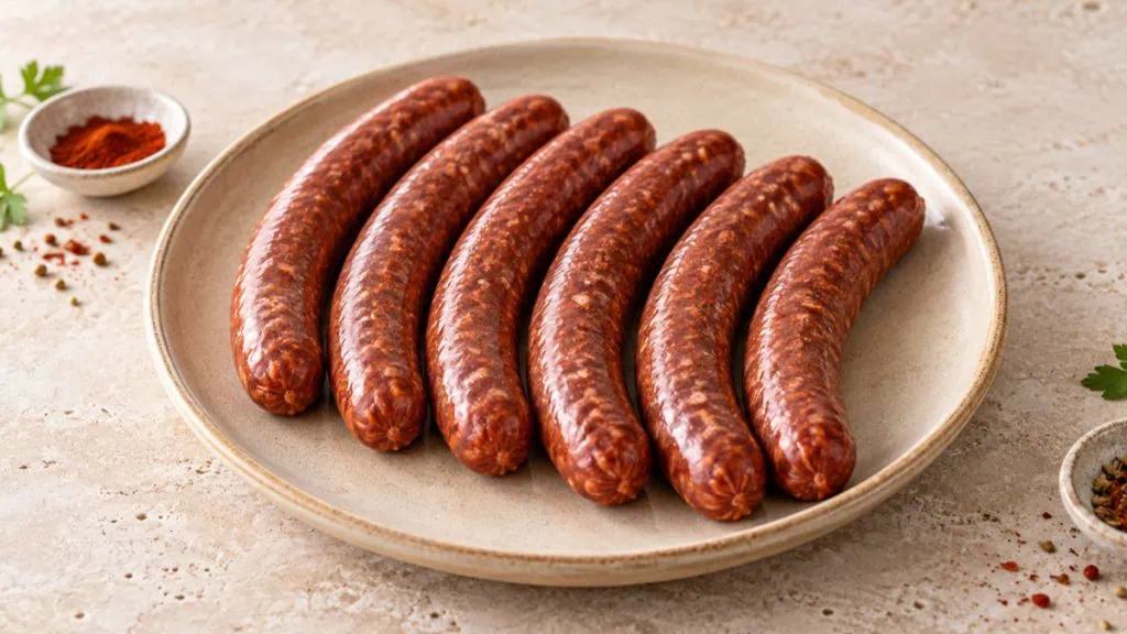 Merguez artisanales crues sur une assiette en terre cuite