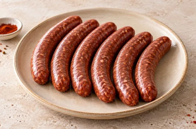Merguez artisanales crues sur une assiette en terre cuite