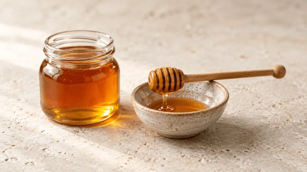 Miel doré dans un pot en verre avec une cuillère à miel