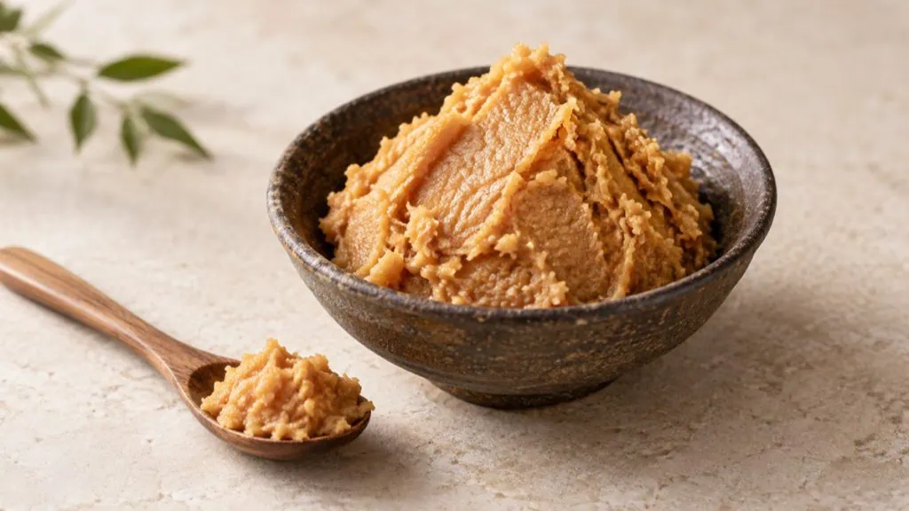 Pâte de miso ambrée dans un bol en céramique japonaise