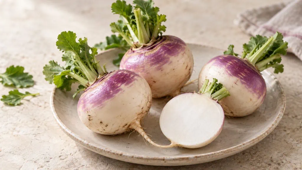 Navets frais blancs à col violet, entiers et coupés