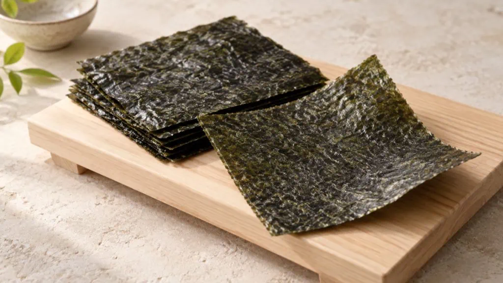 Feuilles de nori japonaises sur une planche en bois clair