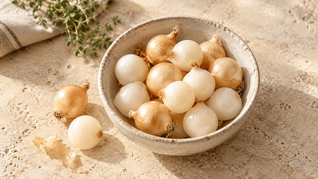 Petits oignons grelots blancs et dorés dans un bol en grès