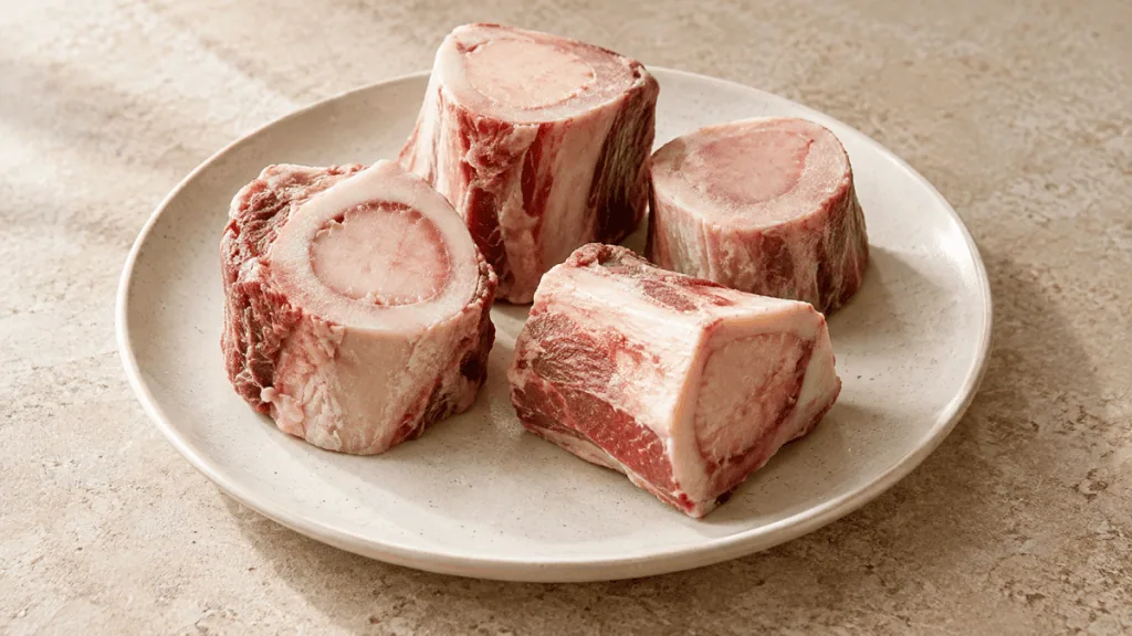 Os de bœuf crus coupés avec leur moelle sur une assiette