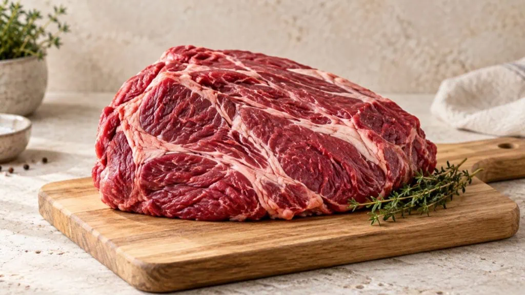 Morceau cru de paleron de bœuf persillé sur une planche