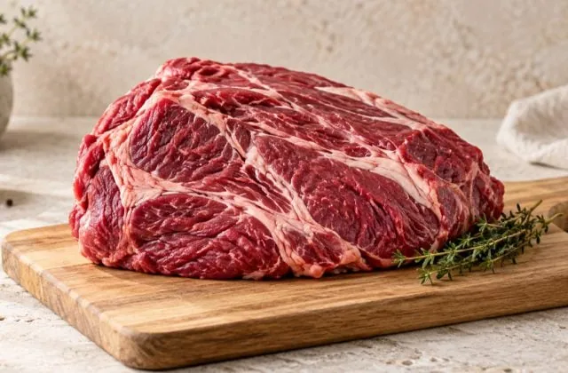 Morceau cru de paleron de bœuf persillé sur une planche