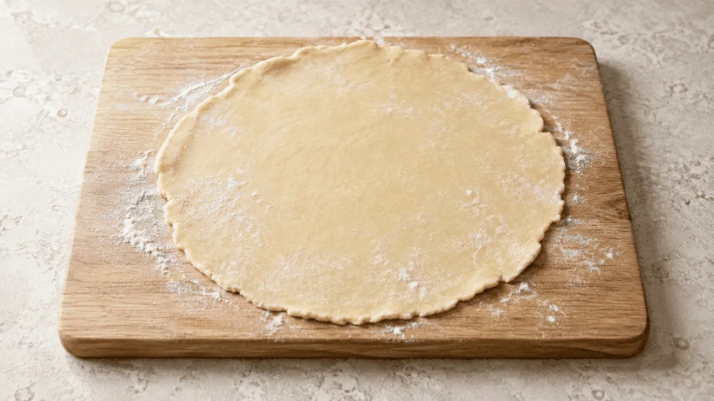 Pâte brisée crue étalée sur une planche en bois clair