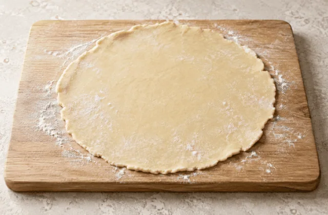 Pâte brisée crue étalée sur une planche en bois clair