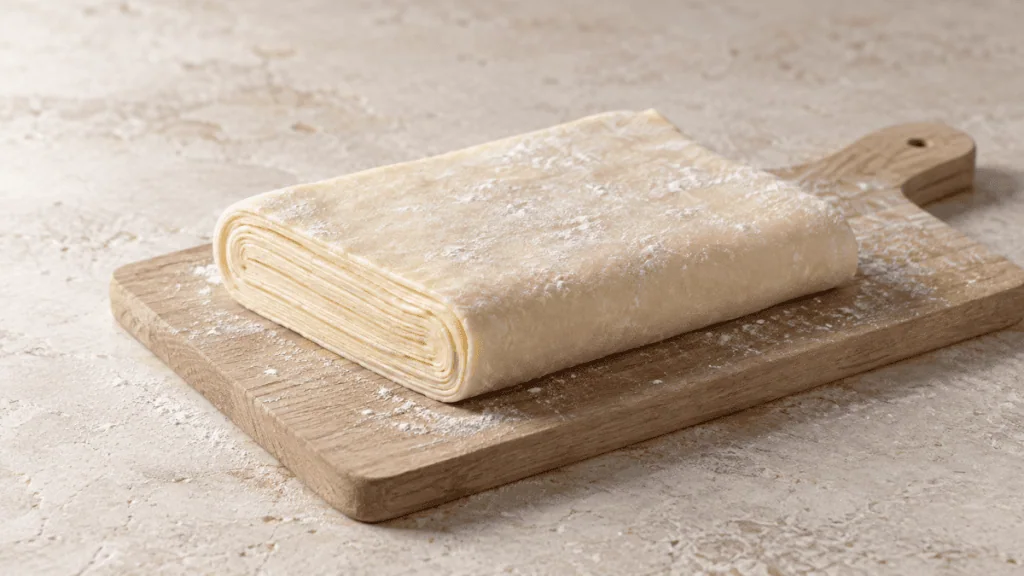Pâte feuilletée crue montrant ses couches sur une planche en bois