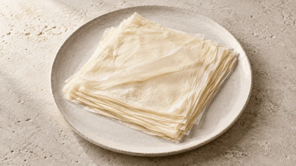 Feuilles de pâte filo crue empilées sur une assiette en grès
