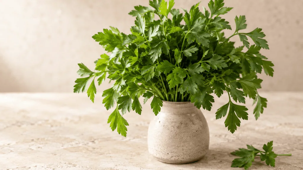 Bouquet de persil plat frais dans un vase en grès