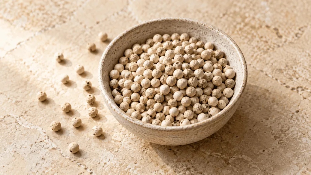 Grains de poivre blanc dans un bol en grès