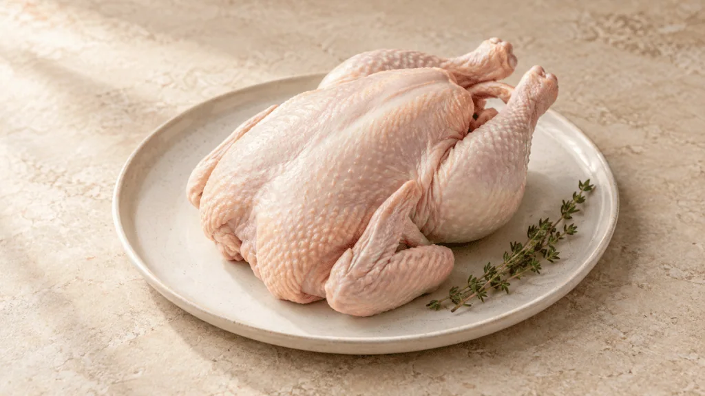 Poulet cru entier prêt à cuisiner sur une assiette