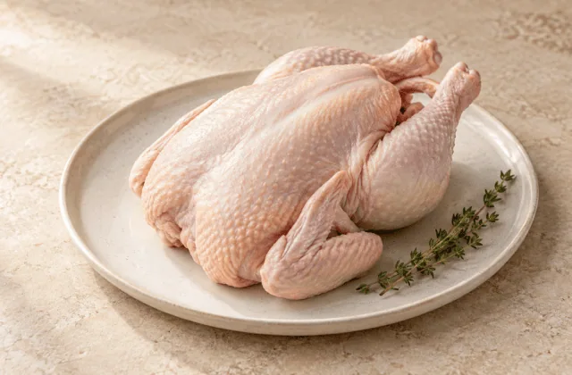 Poulet cru entier prêt à cuisiner sur une assiette