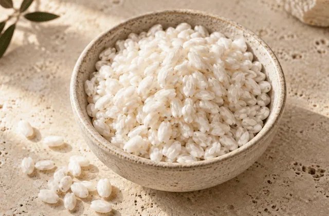 Riz Arborio cru aux grains courts et bombés dans un bol en grès