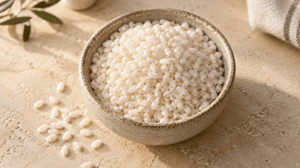 Riz bomba cru aux grains courts dans un bol en grès
