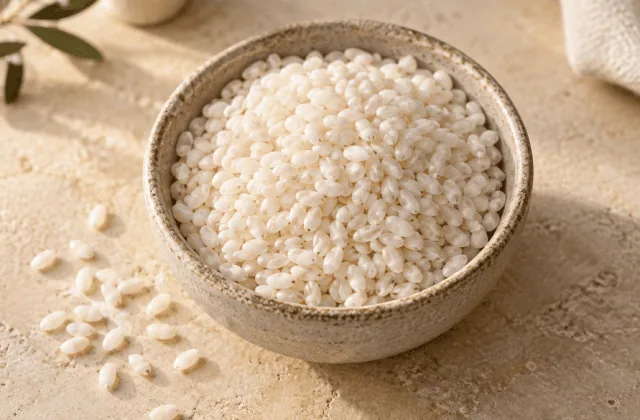 Riz bomba cru aux grains courts dans un bol en grès