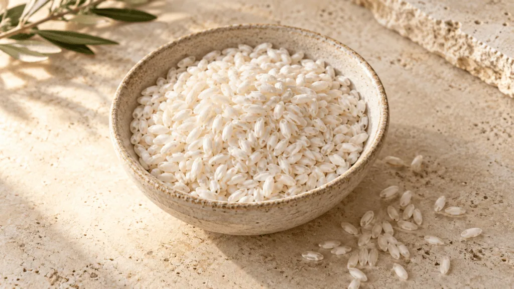 Riz Carnaroli cru aux grains légèrement allongés dans un bol en grès